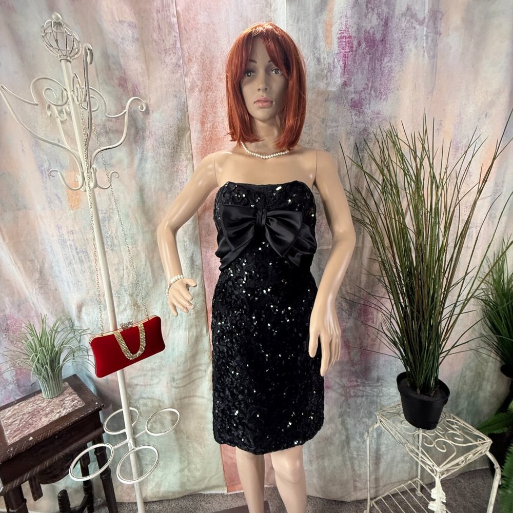 VTG📌 Mike Benet 90s Strapless Sequin Cocktail - Formal Mini Dress with Bow - Picture 5 of 16